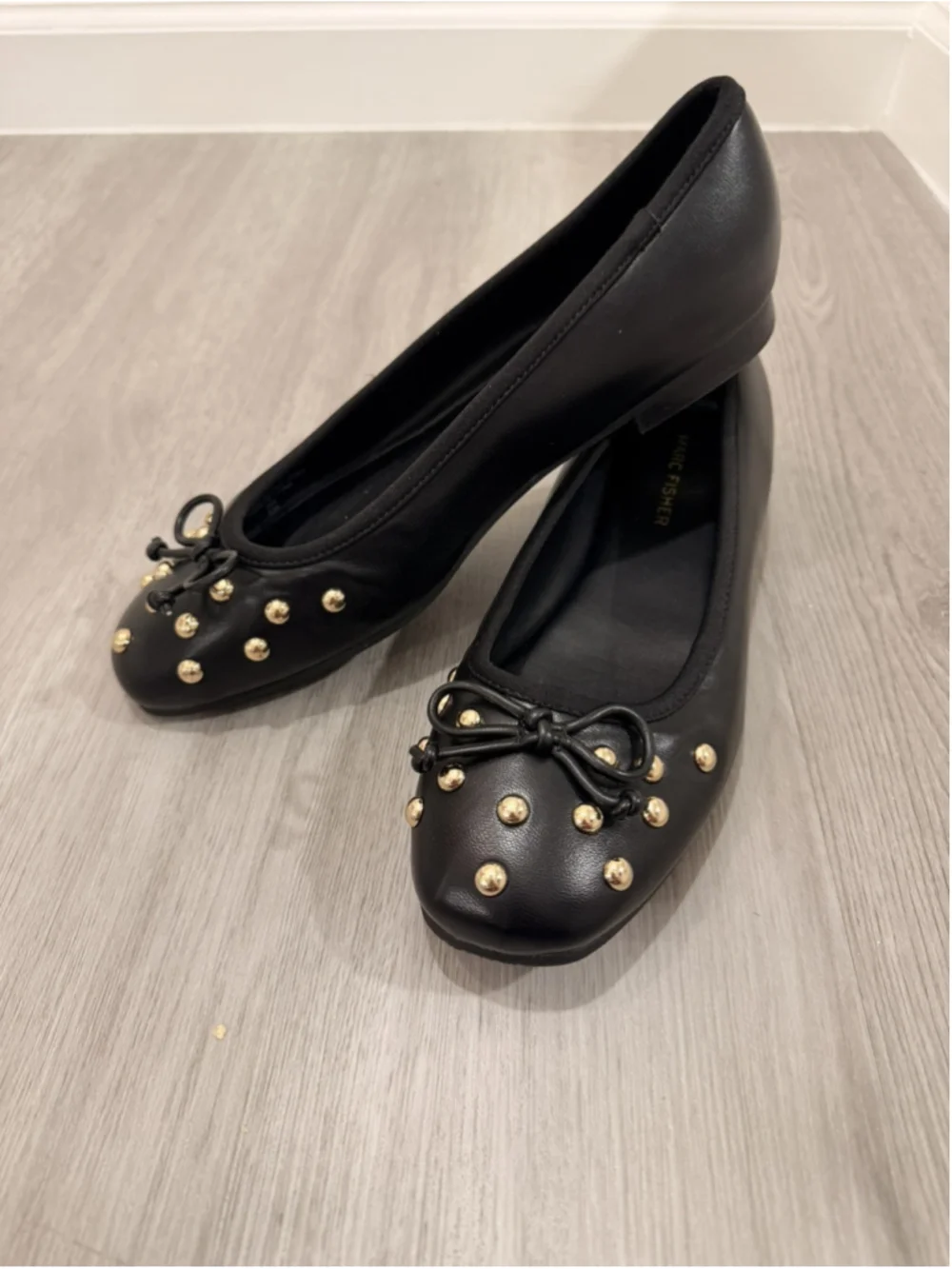Marc Fisher Tempt Embellished Ballet Flats Size 8 Black with Gold Studs